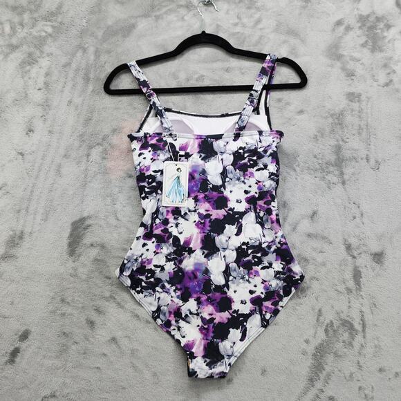 NEW Jusfitsu Swimsuit Size 6 Purple Black Floral Ruched Tummy Control High Cut - Picture 2 of 12